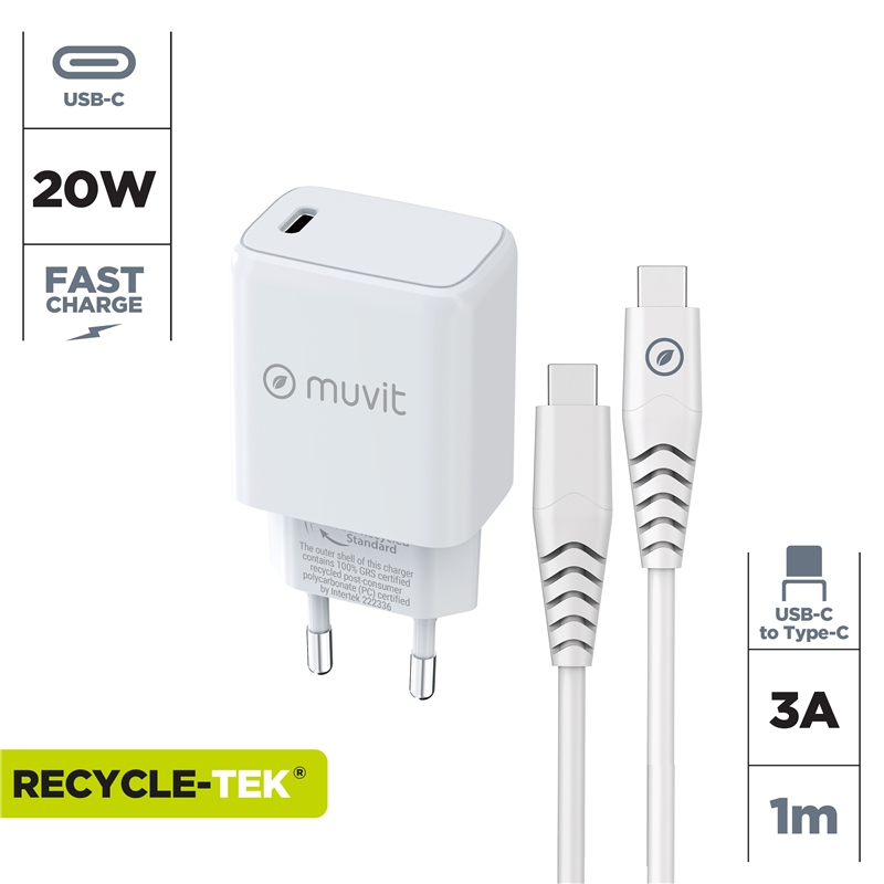 muvit for change Pack wall charger Type C PD 20W + cable type C to type C 3A 1m white
