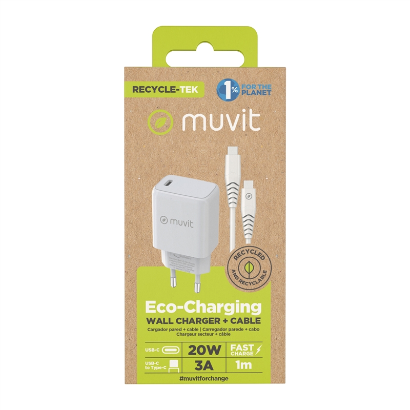 muvit for change Pack wall charger Type C PD 20W + cable type C to type C 3A 1m white