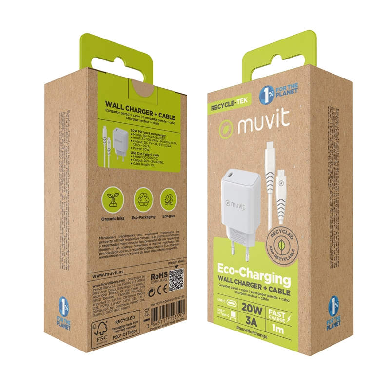muvit for change Pack wall charger Type C PD 20W + cable type C to type C 3A 1m white