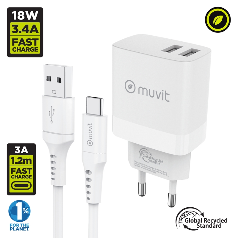 muvit for change Pack wall charger 2 USB 3,4A/18W + Cable type C 3A/60W 1,2m white