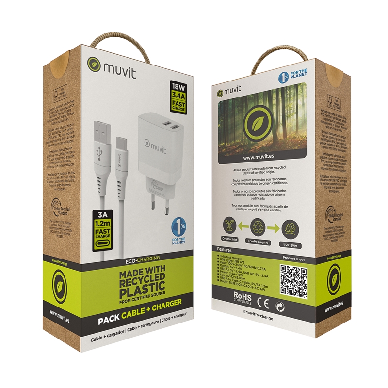 muvit for change Pack wall charger 2 USB 3,4A/18W + Cable type C 3A/60W 1,2m white