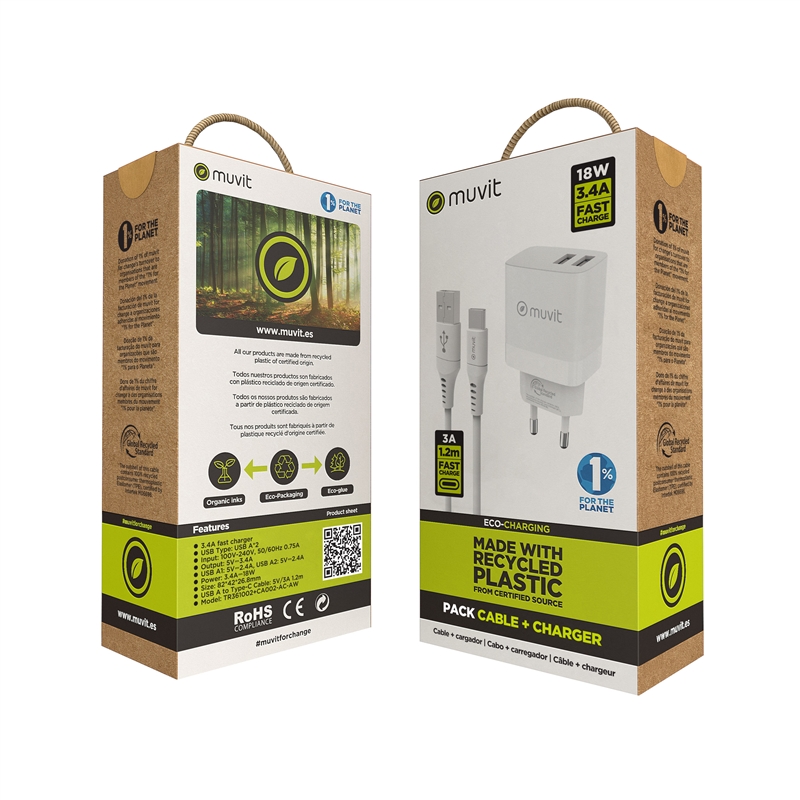 muvit for change Pack wall charger 2 USB 3,4A/18W + Cable type C 3A/60W 1,2m white