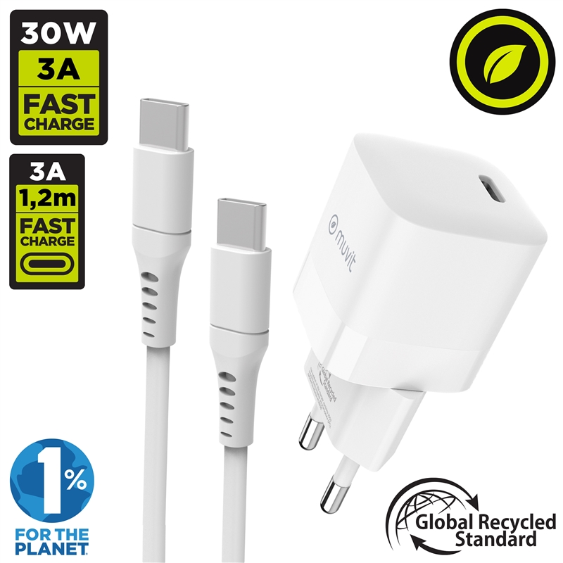 muvit for change Pack wall charger Type C PD 30W + cable type C to type C 3A 1,2m white