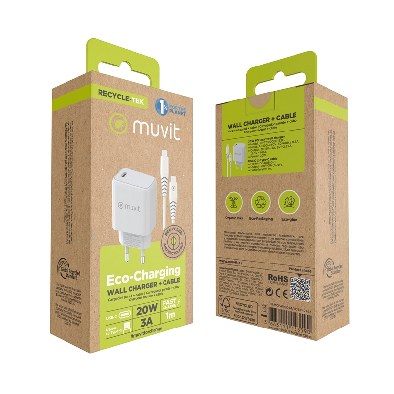 muvit for change pack cargador de pared Tipo C PD 25W + cable tipo C a tipo C 3A 1m blanco