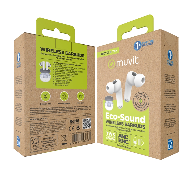 muvit for change true wireless stereo earphones ANC+ENC white