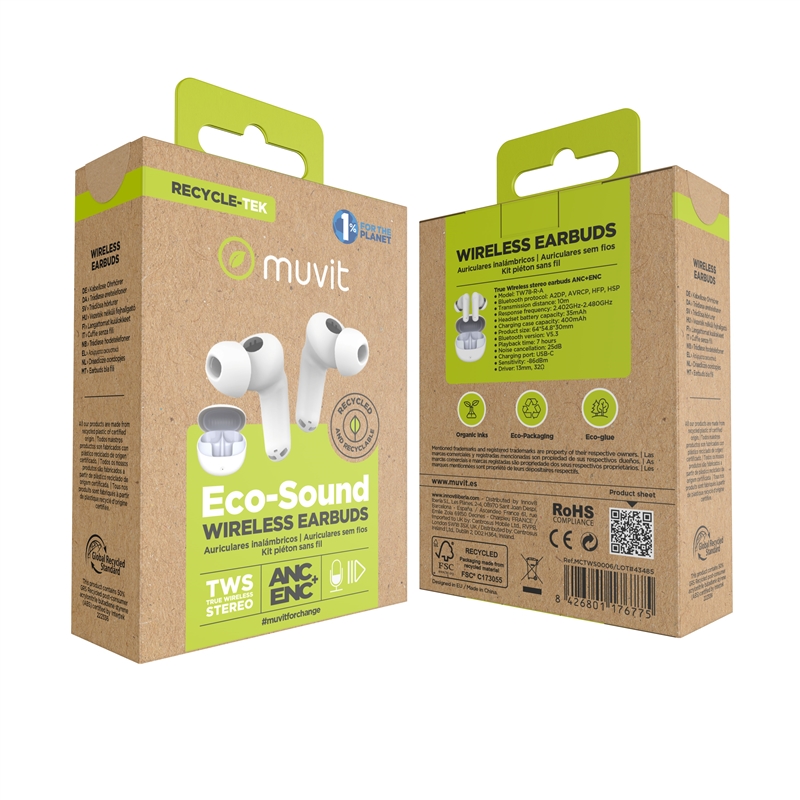 muvit for change true wireless stereo earphones ANC+ENC white