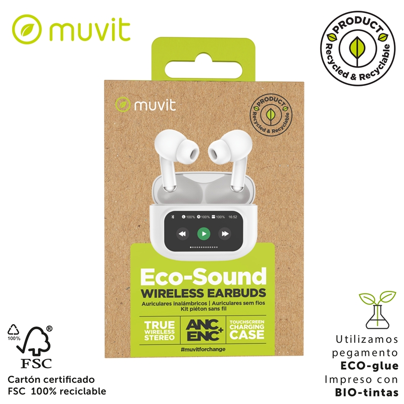 muvit for change auriculares estéreo true wireless con pantalla ANC+ENC blancos