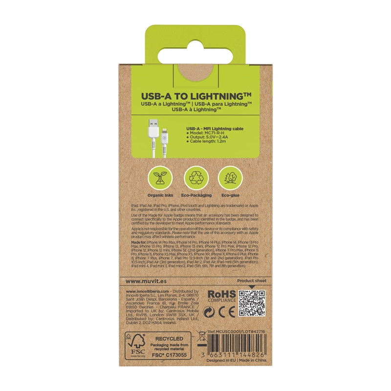 muvit for change USB to Lightning MFI cable 2,4A/12W 1,2m white