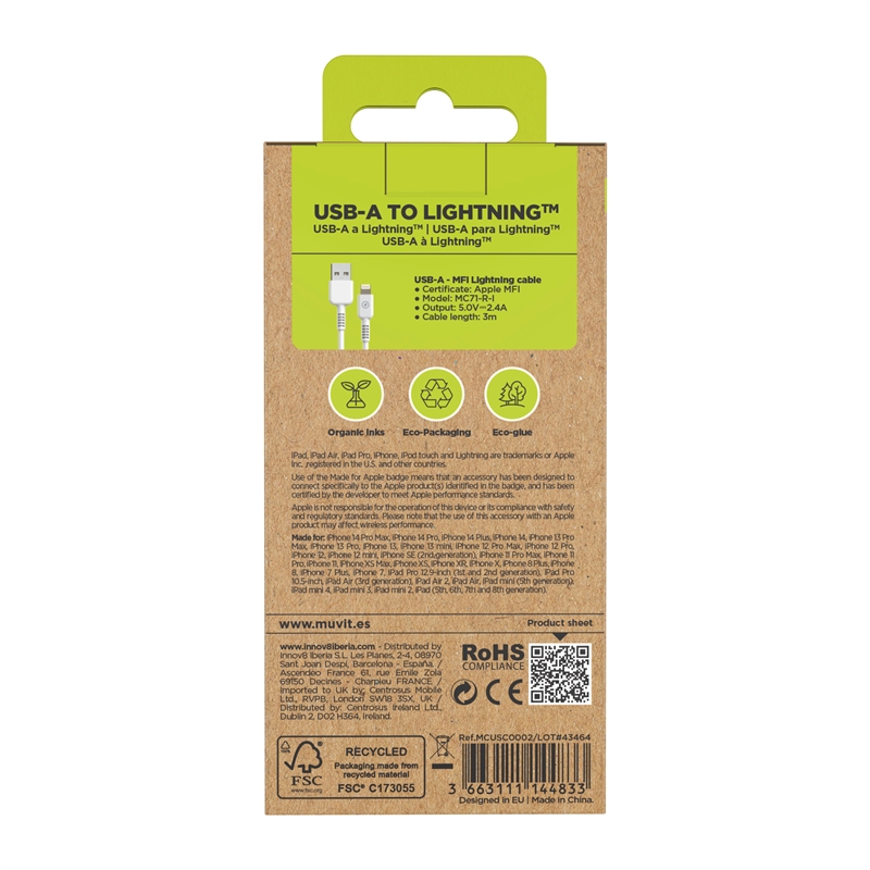 muvit for change USB to Lightning MFI cable 2,4A/12W 3m white