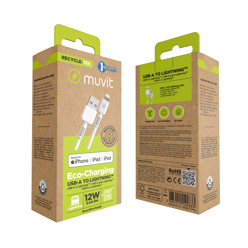 muvit for change USB to Lightning MFI cable 2,4A/12W 3m white
