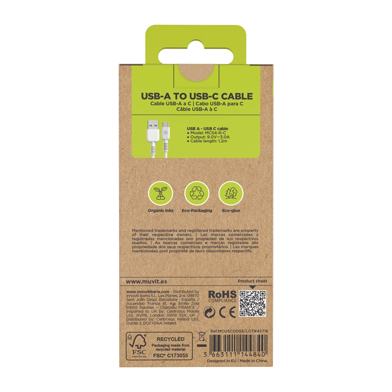 muvit for change USB to Type C cable 3A/60W 1.2m white