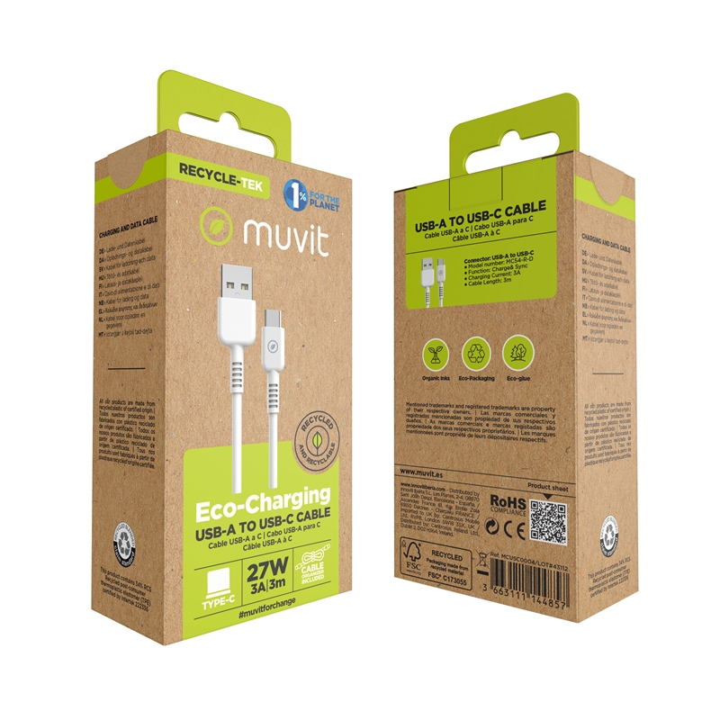 muvit for change USB to Type C/60W 3A 3m cable white
