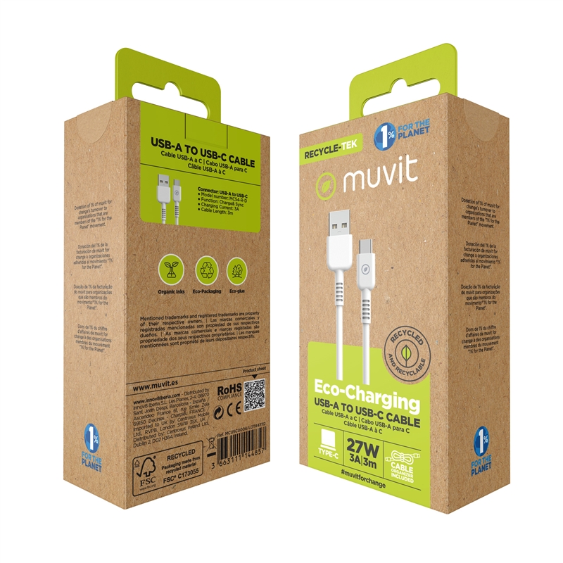 muvit for change USB to Type C/60W 3A 3m cable white