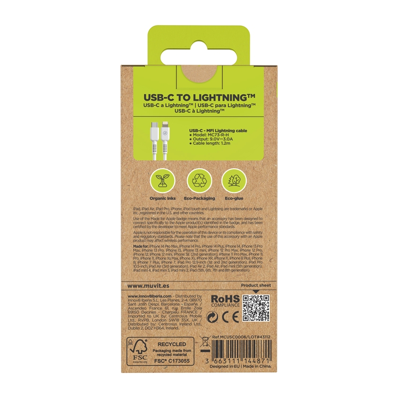 muvit for change Type C to Lightning MFI cable 3A/27W 1,2m  white