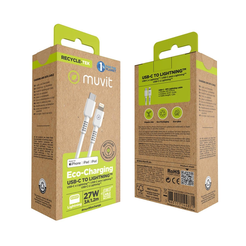 muvit for change Type C to Lightning MFI cable 3A/27W 1,2m  white