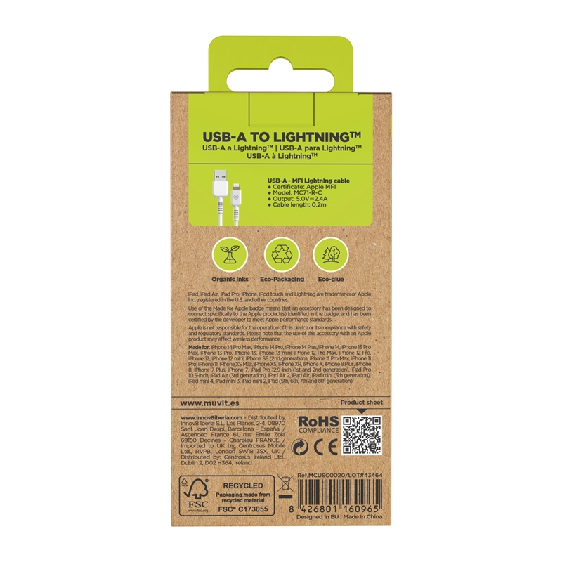muvit for change USB to Lightning MFI cable 2,4A/12W 0,2m   white
