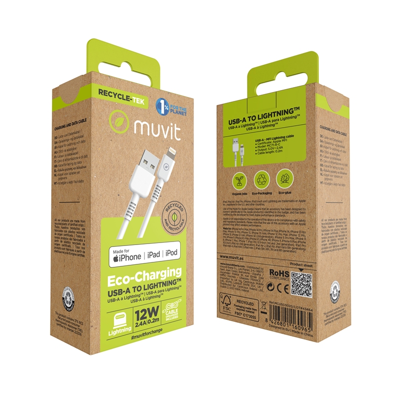 muvit for change USB to Lightning MFI cable 2,4A/12W 0,2m   white