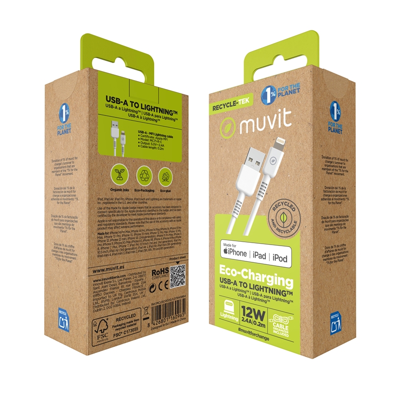 muvit for change USB to Lightning MFI cable 2,4A/12W 0,2m   white