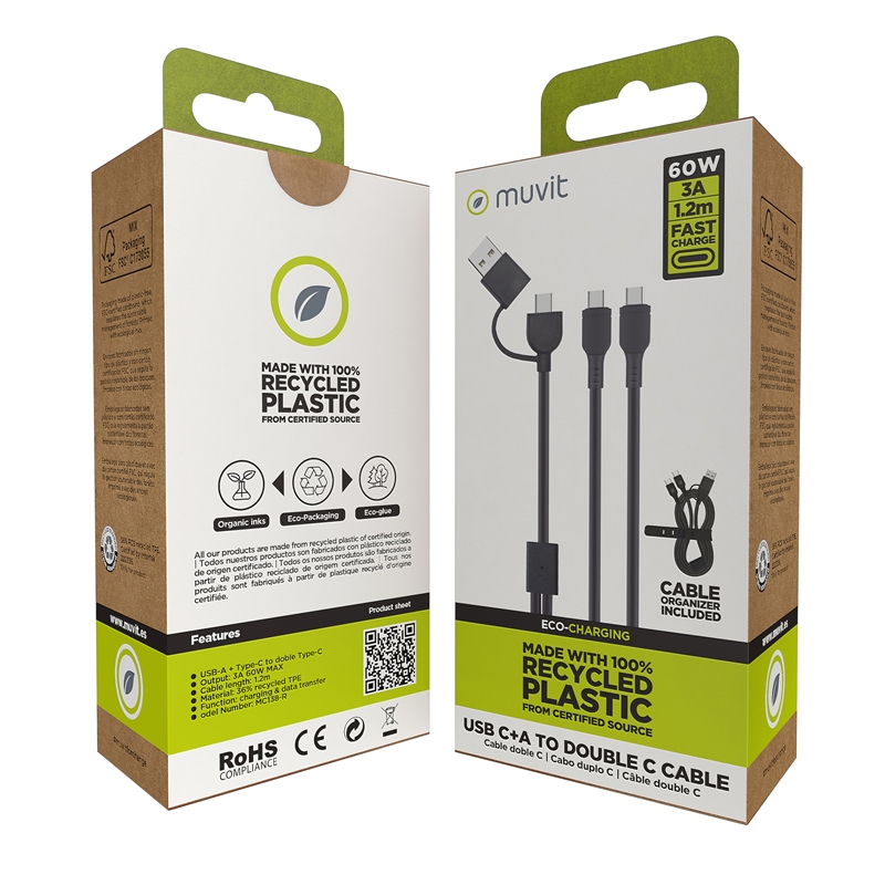 muvit for change Type C cable + USB-A to double cable Type C 3A 60w 1,2m black