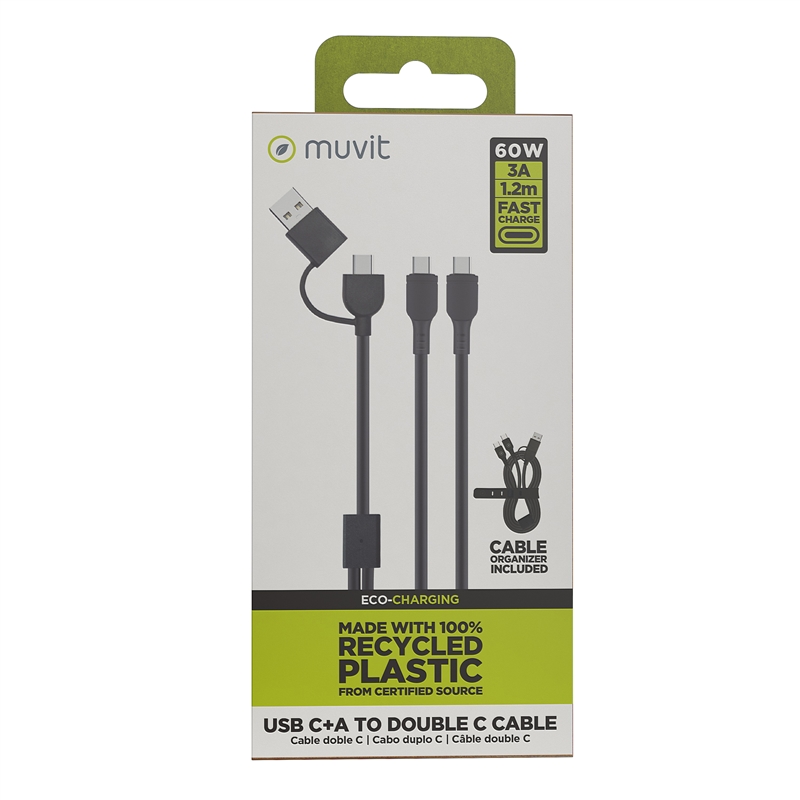 muvit for change Type C cable + USB-A to double cable Type C 3A 60w 1,2m black