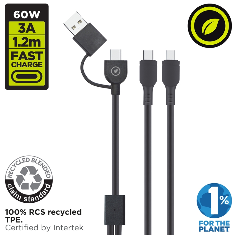 muvit for change Type C cable + USB-A to double cable Type C 3A 60w 1,2m black