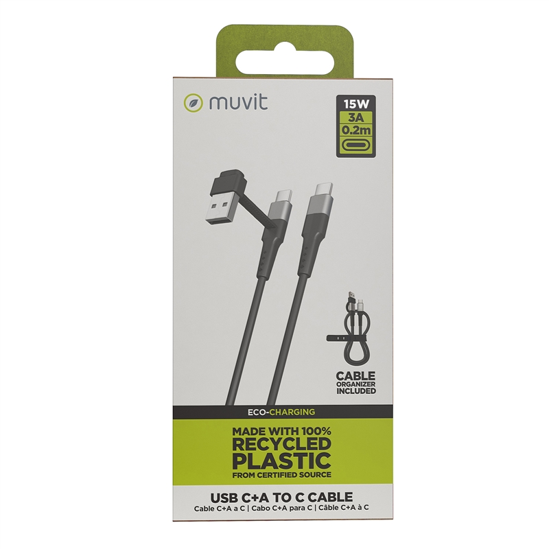 muvit for change Type C cable + USB-A to Type C 3A 15w 0,2m black