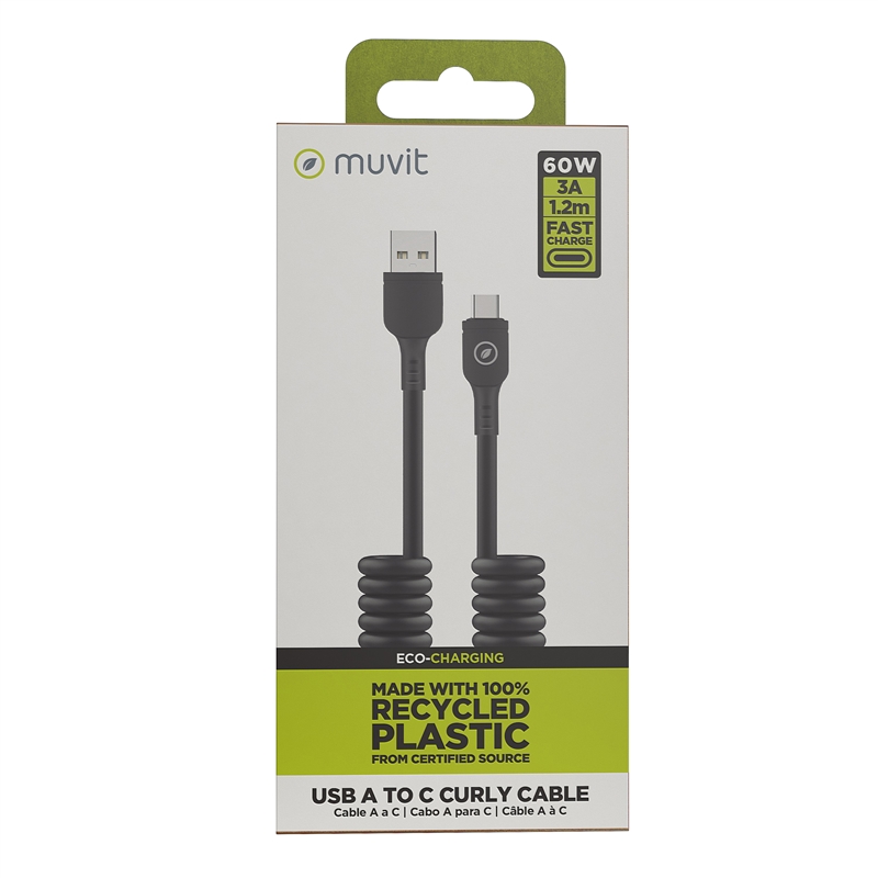 muvit for change Curly USB-A cable to Type C 3A 60w 1,2m black