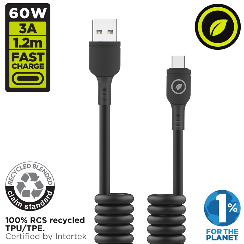 muvit for change Curly USB-A cable to Type C 3A 60w 1,2m black