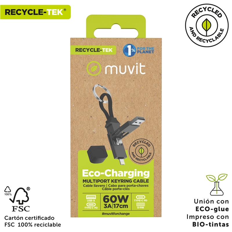 muvit for change cable Llavero multiconector (Tipo C, USB-A, 8-pin) negro