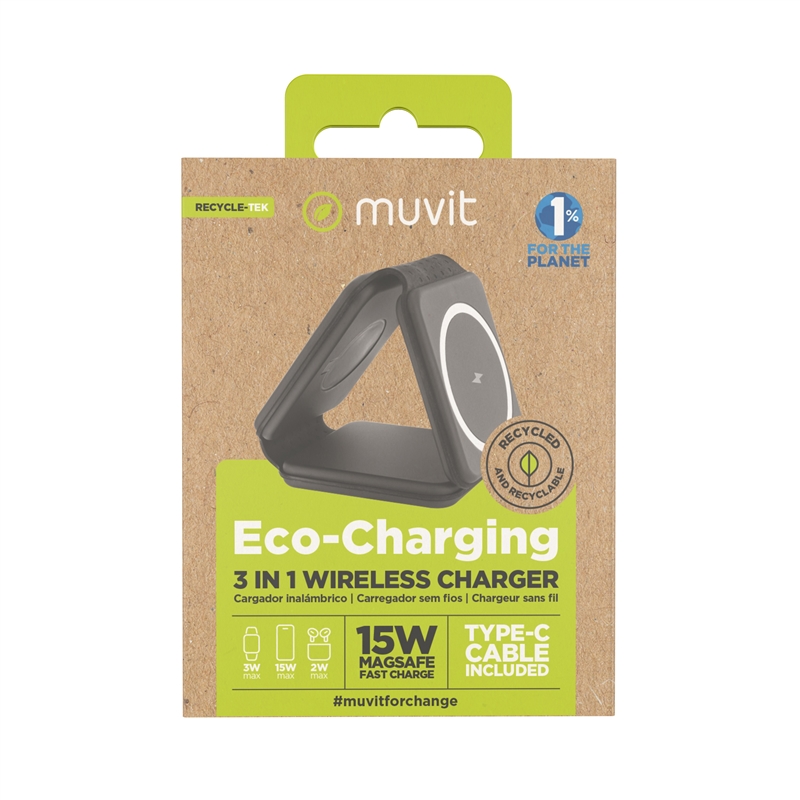muvit for change 3 in 1 compact wireless charger with Magsafe + iWatch + Airpod foldable black