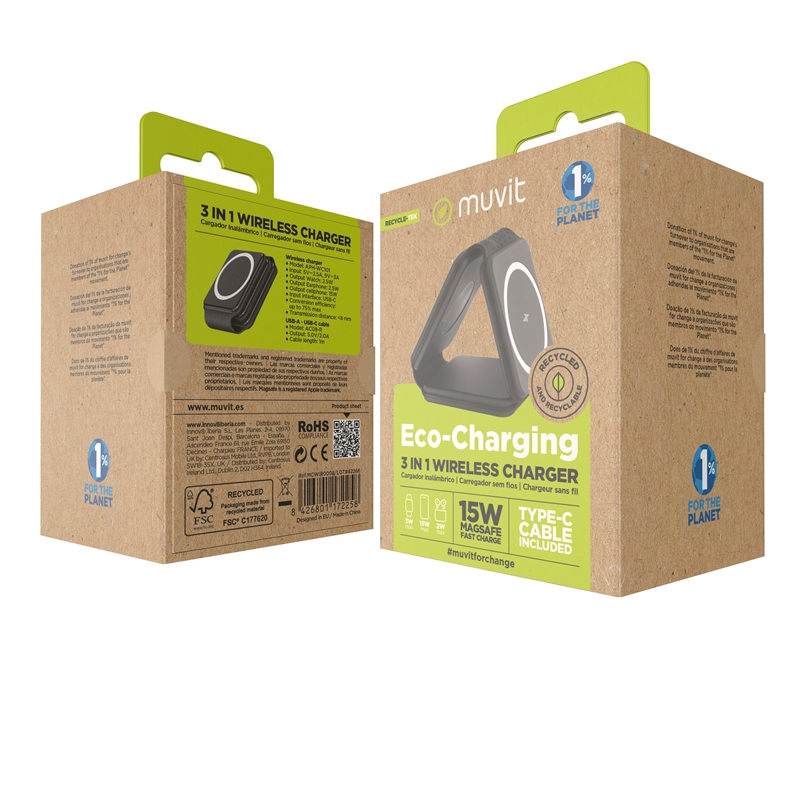 muvit for change 3 in 1 compact wireless charger with Magsafe + iWatch + Airpod foldable black