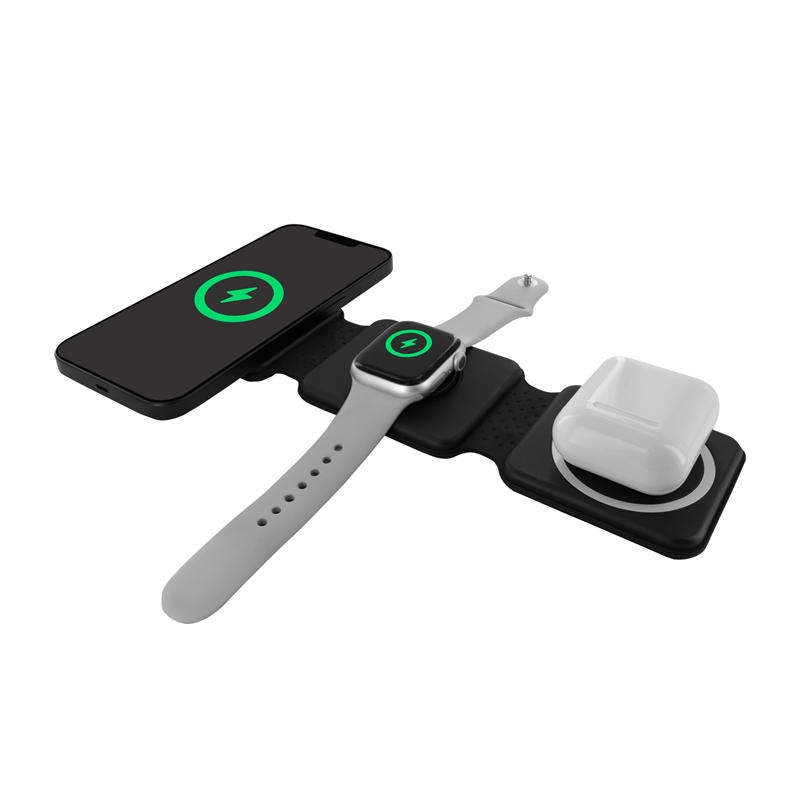 muvit for change 3 in 1 compact wireless charger with Magsafe + iWatch + Airpod foldable black
