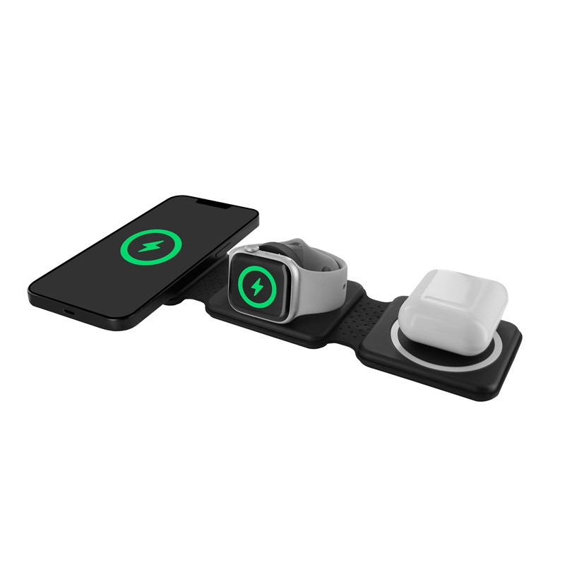 muvit for change 3 in 1 compact wireless charger with Magsafe + iWatch + Airpod foldable black