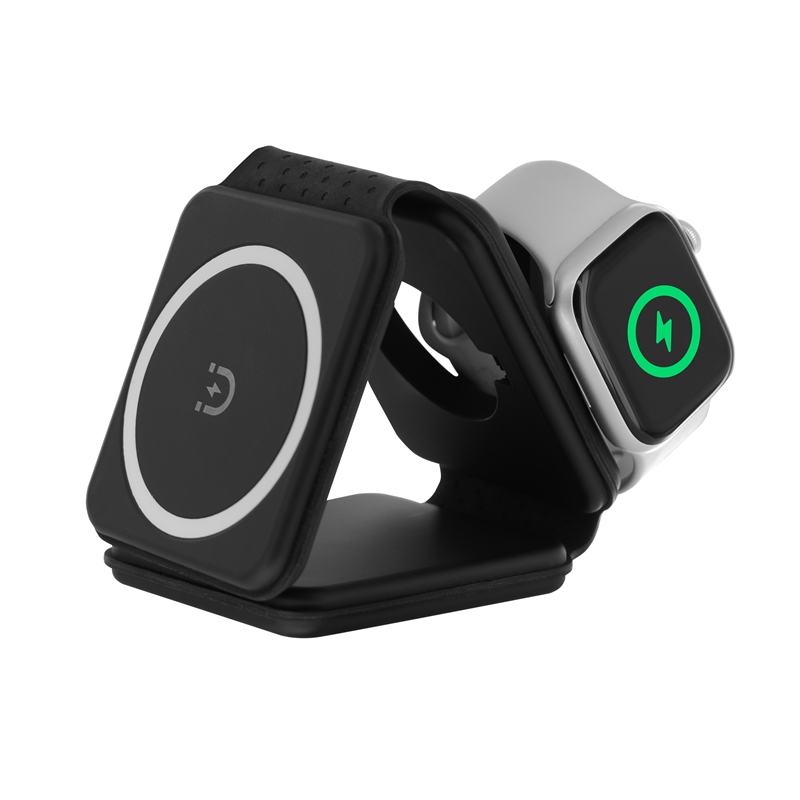 muvit for change 3 in 1 compact wireless charger with Magsafe + iWatch + Airpod foldable black