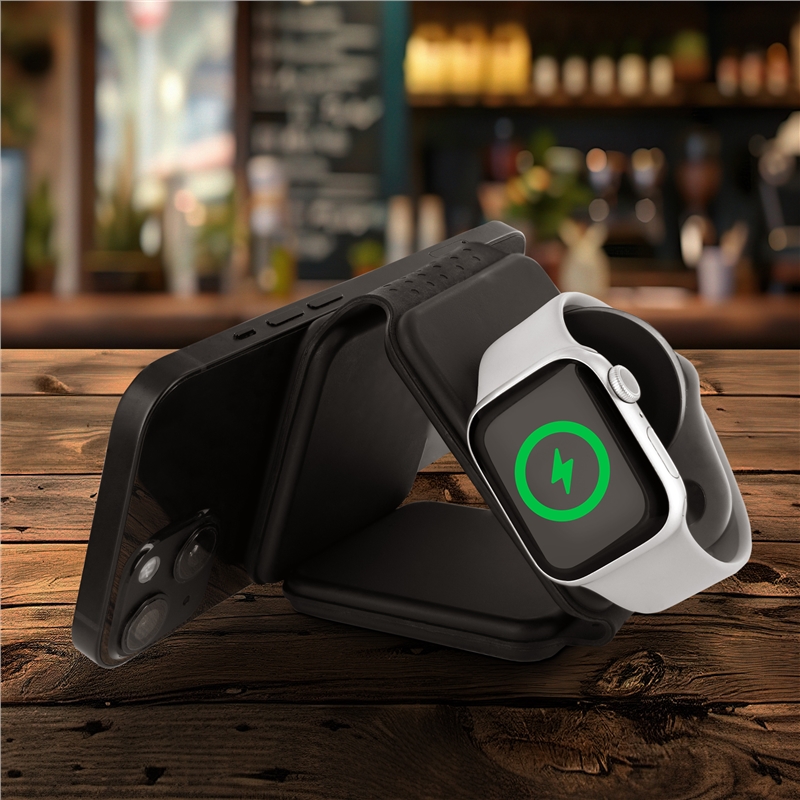 muvit for change 3 in 1 compact wireless charger with Magsafe + iWatch + Airpod foldable black