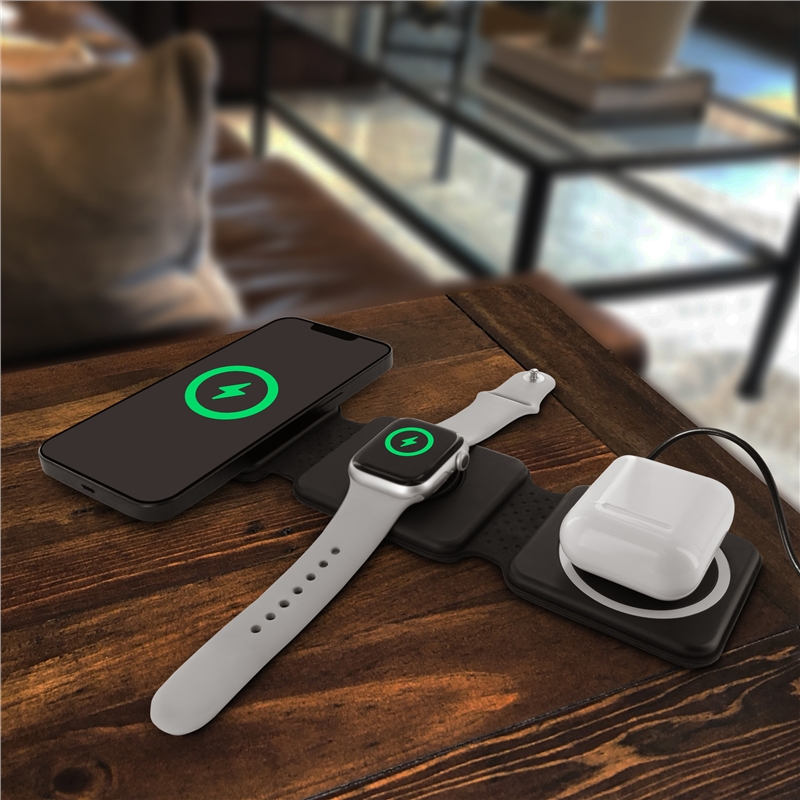 muvit for change 3 in 1 compact wireless charger with Magsafe + iWatch + Airpod foldable black