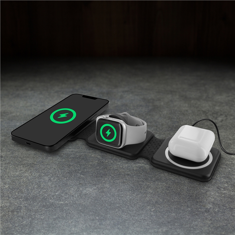 muvit for change 3 in 1 compact wireless charger with Magsafe + iWatch + Airpod foldable black