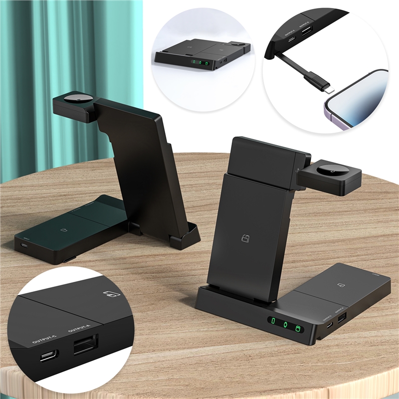 muvit for change 6-in-1 wireless charging dock foldable smartwatch + iWatch + Airpods + two USB ports A + C black
