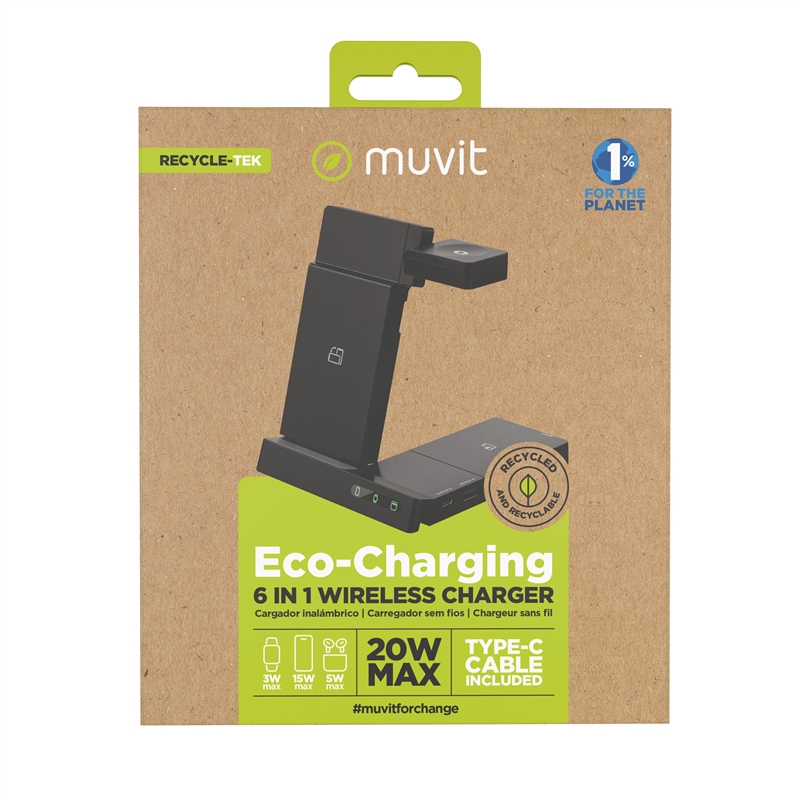 muvit for change 6-in-1 wireless charging dock foldable smartwatch + iWatch + Airpods + two USB ports A + C black
