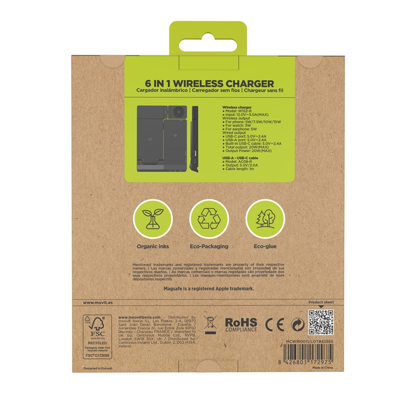 muvit for change 6-in-1 wireless charging dock foldable smartwatch + iWatch + Airpods + two USB ports A + C black