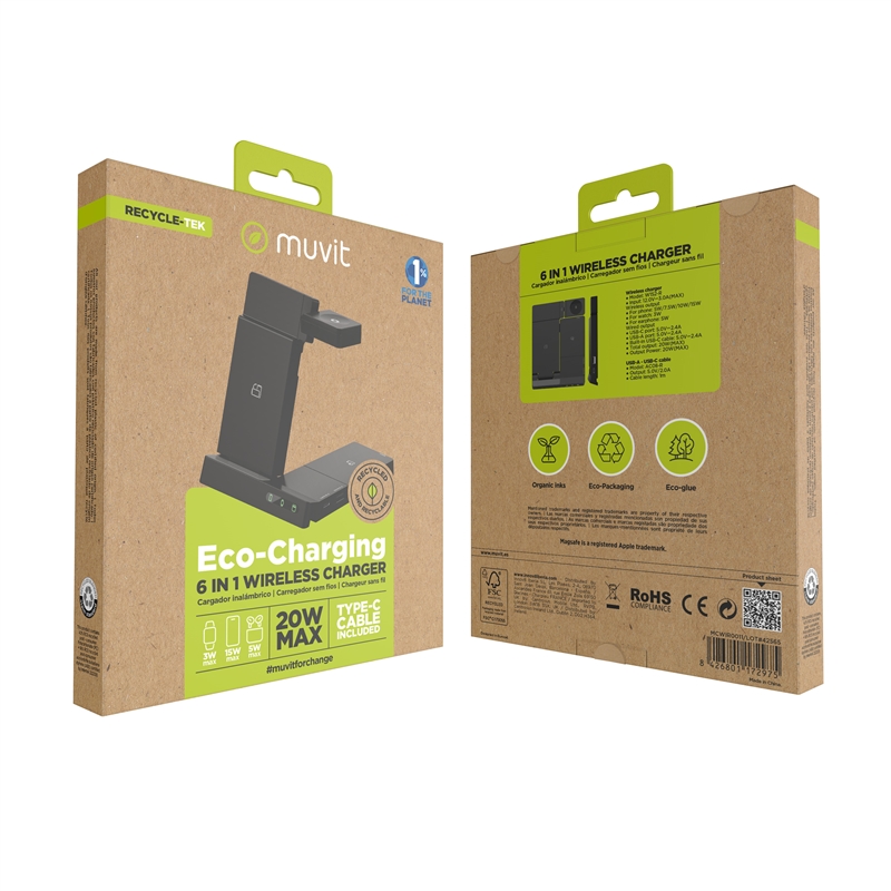 muvit for change 6-in-1 wireless charging dock foldable smartwatch + iWatch + Airpods + two USB ports A + C black