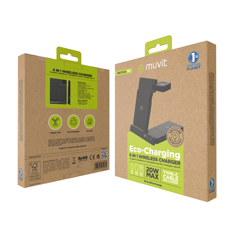 muvit for change 6-in-1 wireless charging dock foldable smartwatch + iWatch + Airpods + two USB ports A + C black