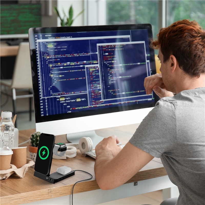 muvit for change 6-in-1 wireless charging dock foldable smartwatch + iWatch + Airpods + two USB ports A + C black