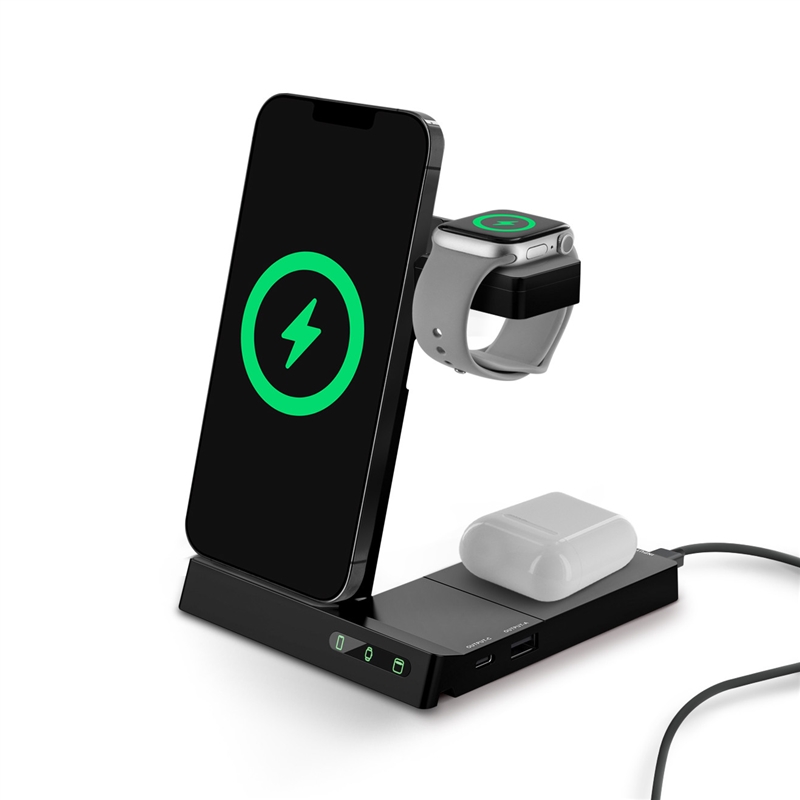 muvit for change 6-in-1 wireless charging dock foldable smartwatch + iWatch + Airpods + two USB ports A + C black