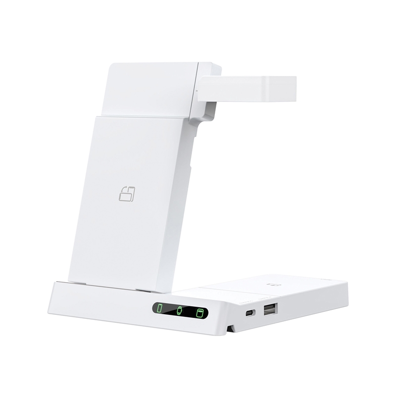 muvit for change 6-in-1 wireless charging dock foldable smartwatch + iWatch + Airpods + two USB A + C ports white