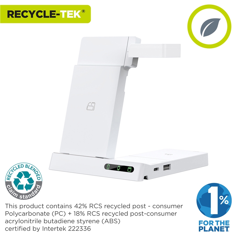 muvit for change 6-in-1 wireless charging dock foldable smartwatch + iWatch + Airpods + two USB A + C ports white