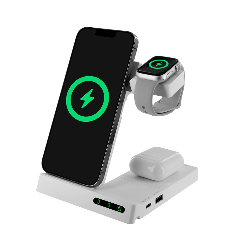 muvit for change 6-in-1 wireless charging dock foldable smartwatch + iWatch + Airpods + two USB A + C ports white