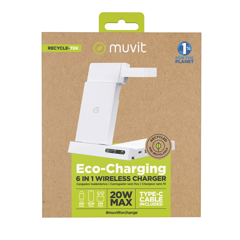 muvit for change 6-in-1 wireless charging dock foldable smartwatch + iWatch + Airpods + two USB A + C ports white