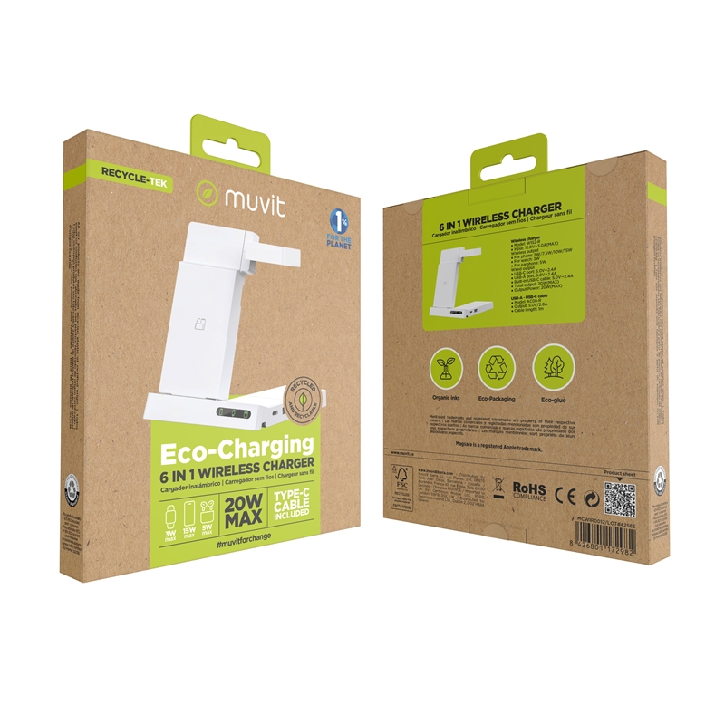 muvit for change 6-in-1 wireless charging dock foldable smartwatch + iWatch + Airpods + two USB A + C ports white