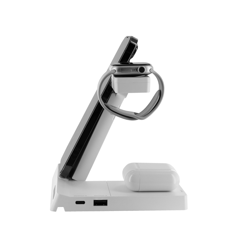 muvit for change 6-in-1 wireless charging dock foldable smartwatch + iWatch + Airpods + two USB A + C ports white